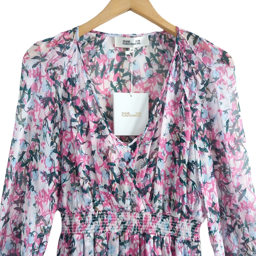 DIANE VON FURSTENBERG Kelby Floral Silk Mini Tiered Ruffle Pink Dress Size XS - Picture 5 of 17